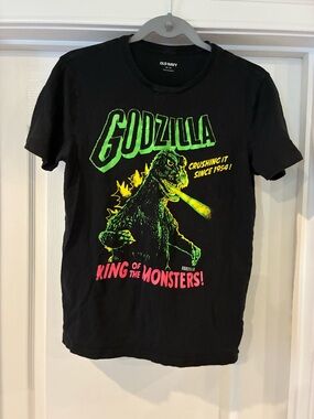 Old Navy Black Godzilla Tee with Neon Green & Pink Print